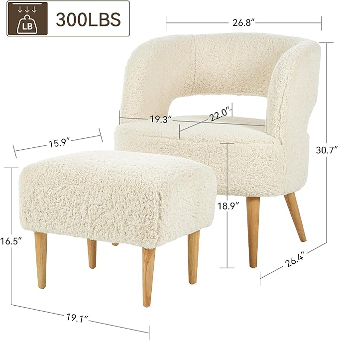 Accent Chair with Ottoman Teddy Fleece Upholstered Armchair Mid-century Modern Comfortable Chairs and Ottoman Set with Wooden Legs for Living Room, Bedroom(Beige) - LeafyLoom