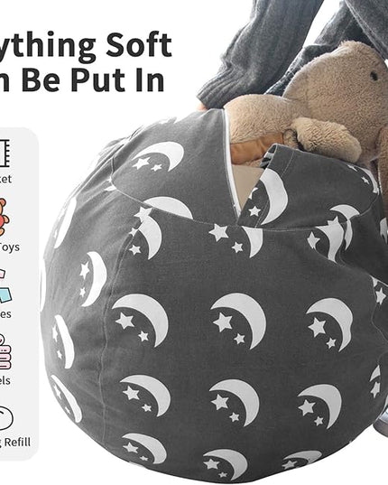 2 PCS Stuffed Animal Storage Bean Bag Chair Cover, Cotton Canvas Beanbag with Zipper for Organizing Kid's and Adults Room Stars Moon 24" - LeafyLoom