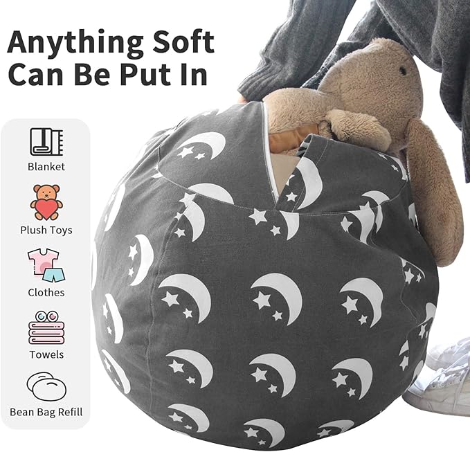 2 PCS Stuffed Animal Storage Bean Bag Chair Cover, Cotton Canvas Beanbag with Zipper for Organizing Kid's and Adults Room Stars Moon 24" - LeafyLoom