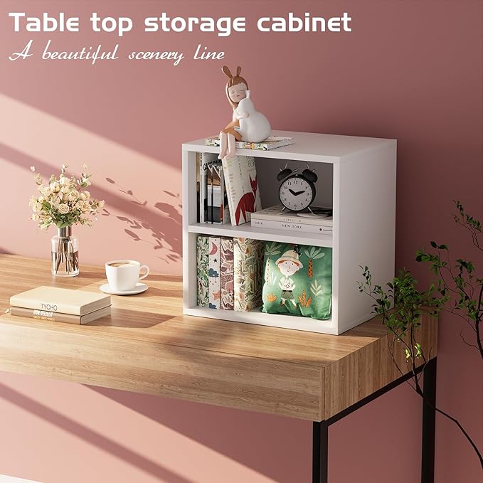 Storage Cube 2 Tiers White Stackable Storage Shelf, Cubby Organizer Wooden Display Shelf Closet Organizer,Modern Cubical Bookcase Compact Storage Cabinet for Living Room Bedroom Office - LeafyLoom
