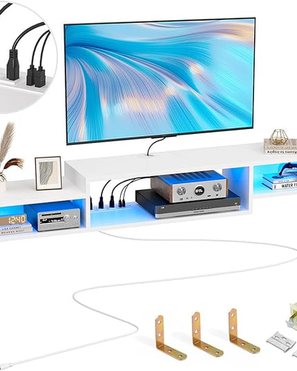 FABATO 59'' Floating TV Stand with LED Light Power Outlet, Floating Shelf for Under TV Wall Mount with Storage Shelf, Media Console Entertainment Center for Living Room, White - LeafyLoom