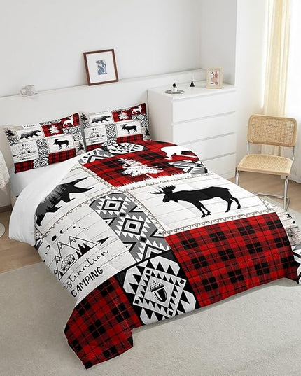 Deer Antlers Bear Kids Comforter Set Twin Size,Plaids Aztec Arrows Patchwork Bedding Set for Boys Girls Adults Room Decor,Rustic Adventure Xmas Down Comforter,Red Retro Duvet Insert,1 Pillowcase - LeafyLoom