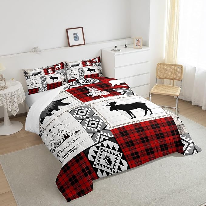 Deer Antlers Bear Kids Comforter Set Twin Size,Plaids Aztec Arrows Patchwork Bedding Set for Boys Girls Adults Room Decor,Rustic Adventure Xmas Down Comforter,Red Retro Duvet Insert,1 Pillowcase - LeafyLoom