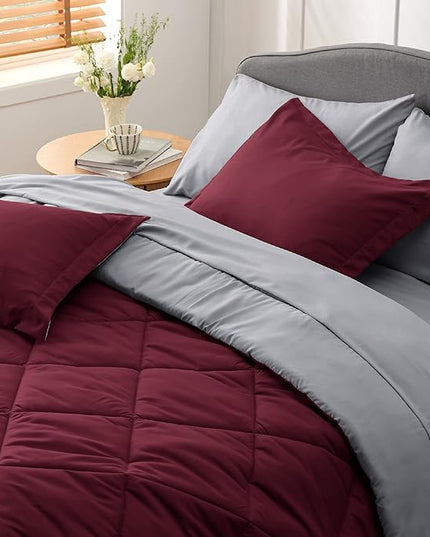 Bedsure Burgundy King Size Comforter Set - 7 Pieces Reversible King Bed in a Bag King Bed Set with Comforters, Sheets, Pillowcases & Shams, King Bedding Sets - LeafyLoom