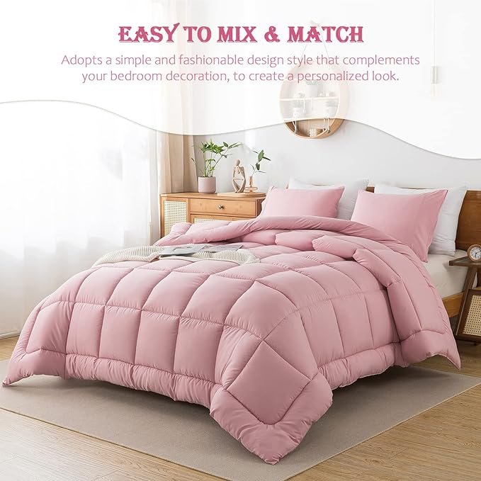 WhatsBedding Pink Comforter Set King, Lightweight All Season Soft Down Alternative Bed Comforter, 3 Pieces Bedding Set with 2 Pillowcases, King Size, 102"x90" - LeafyLoom