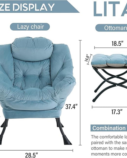 LITA Lazy Chair with Ottoman, Modern Accent Leisure Upholstered Sofa Chair, Contemporary Lounge Reading Chair with Armrests and a Side Pocket for Living Room, Bedroom & Small Space, Light Blue - LeafyLoom