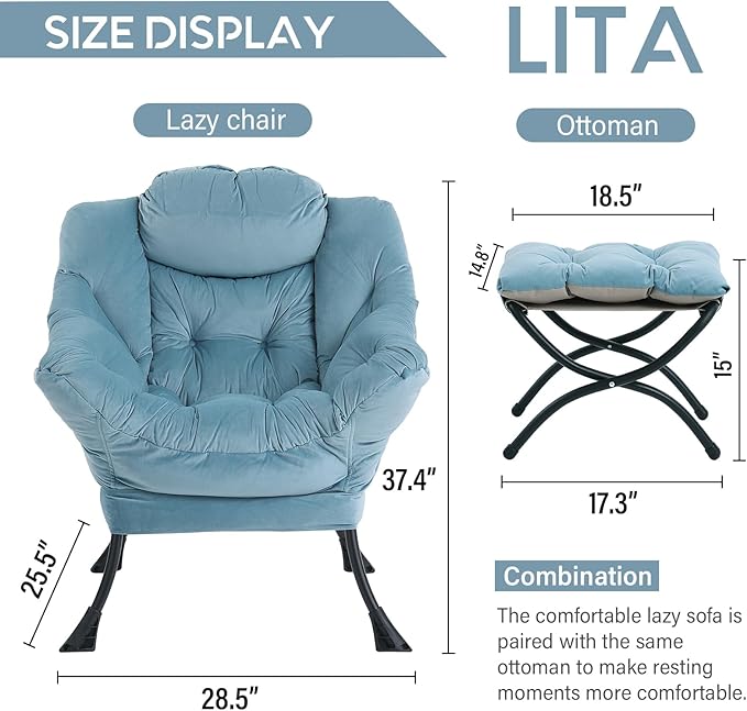 LITA Lazy Chair with Ottoman, Modern Accent Leisure Upholstered Sofa Chair, Contemporary Lounge Reading Chair with Armrests and a Side Pocket for Living Room, Bedroom & Small Space, Light Blue - LeafyLoom