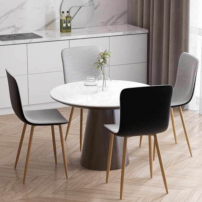 Wonder Comfort Set of 4 with Wood-Like Oka Metal Legs, Fabric Armless Accent Dining Room Side-Chair with Black Leather, Gray, PU Back - LeafyLoom