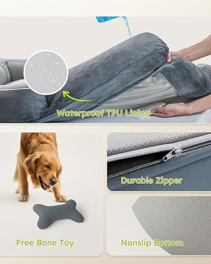 Large Dog Bed, Orthopedic with Cooling Gel Memory Foam, Waterproof with Removable Washable Cover, 36" Dog Sofa Couch Dutch Velvet with Bone Toy, Dark Gray LeafyLoom