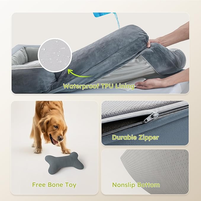 Large Dog Bed, Orthopedic with Cooling Gel Memory Foam, Waterproof with Removable Washable Cover, 36" Dog Sofa Couch Dutch Velvet with Bone Toy, Dark Gray LeafyLoom