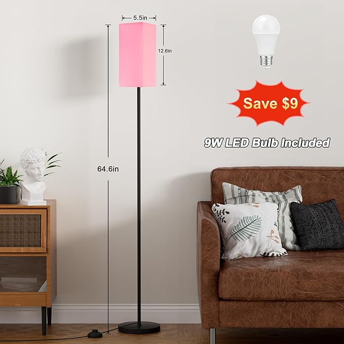 Ambimall Remote Control Floor Lamp, Stepless Dimmable, 64 Inches Tall, Include 9W Bulb, Standing Lamp for Living Room Bedroom Office (Pink & Black) - LeafyLoom