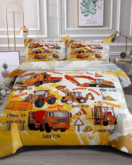 Kids Construction Vehicles Truck Comforter for Boys Queen,Cartoon Car Excavator Tractor Bedding Set,Construction Christian Spirational Quotes Comforter with 2 Pillowcases Yellow - LeafyLoom