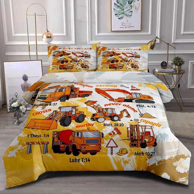 Kids Construction Vehicles Truck Comforter for Boys Full,Cartoon Car Excavator Tractor Bedding Set,Construction Christian Spirational Quotes Comforter with 2 Pillowcases Yellow - LeafyLoom