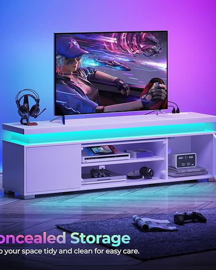 Rolanstar TV Stand with LED Lights & Power Outlet, Modern Entertainment Center for 32/43/50/55/65 Inchs TVs, Table, Universal Gaming Media Stand Storage Cabinet and Large Storage, White - LeafyLoom