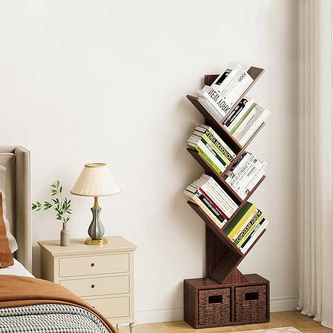 Vagusicc 6 Tier Tree Bookshelf - Retro Shelf Floor Standing Bookcase with Baskets, Tall Wood Book Storage Rack for Books/CDs, Tree Utility Book Organizer Shelves for Living Room, Home Office, Bedroom - LeafyLoom