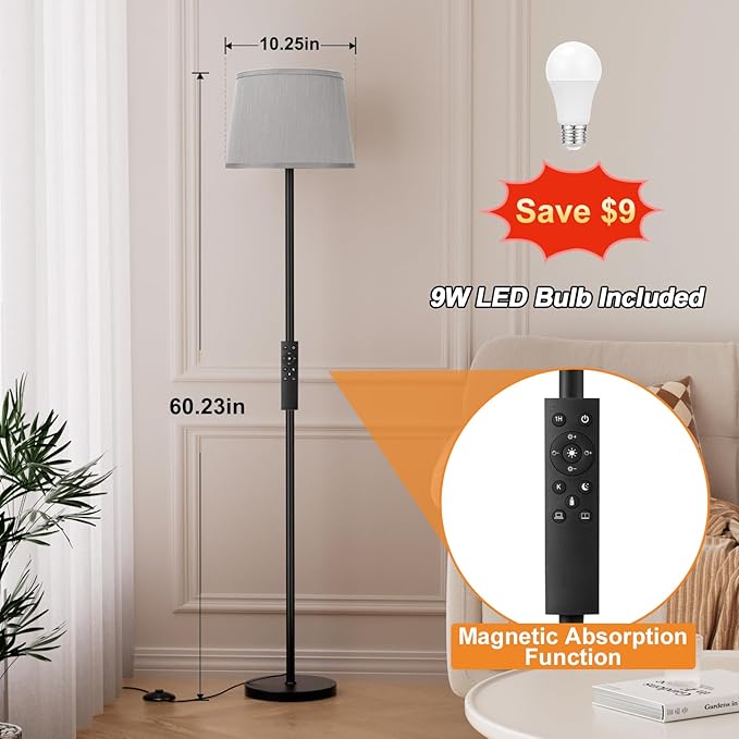 【Upgraded】 Floor Lamps for Living Room, Modern Floor Lamp with Remote Control, Dimmable Colors Temperature Standing Lamp Foot Switch, 9W Bulb Tall Lamps for Bedroom Office Kid Room - Grey - LeafyLoom