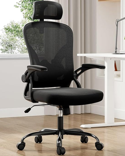 Farini Ergonomic Office Chair, Home Office Desk Chair with Headrest, High Back Computer Chair with Flip-up Armrests and Adjustable Lumbar Support.for Home Office Study Room Bedroom, Black. - LeafyLoom