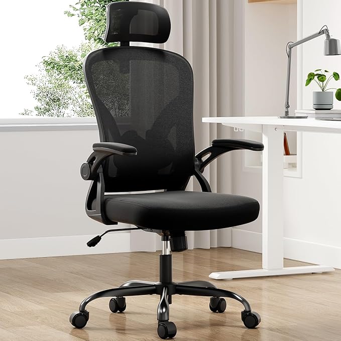 Farini Ergonomic Office Chair, Home Office Desk Chair with Headrest, High Back Computer Chair with Flip-up Armrests and Adjustable Lumbar Support.for Home Office Study Room Bedroom, Black. - LeafyLoom