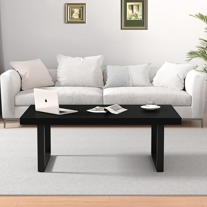 IBF Black Coffee Table, Minimalist Industrial Wooden Center Table, Modern Simple Rectangle Living Room Table, Farmhouse Wood and Metal Cocktail Coffee Table for Home Bedroom Office, Black Oak, 39 inch - LeafyLoom