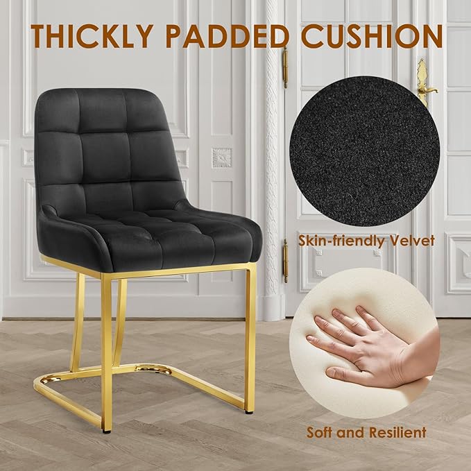 STARY Upholstered Velvet Armless Dining Room Chairs with Gold Metal Legs for Kitchen Restaurant, Black- Set of 4 - LeafyLoom