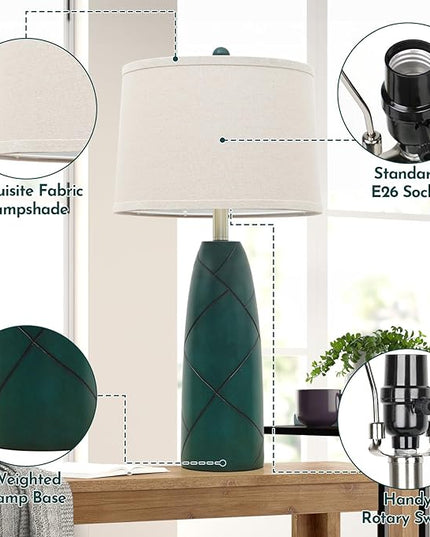 26" Tall Table Lamps for Living Room Set of 2, Modern Green Lamps for Bedrooms, Farmhouse Rustic Bedside Nightstand Lamps, Large End Table Lamps for Office Kids Room Study Room - LeafyLoom