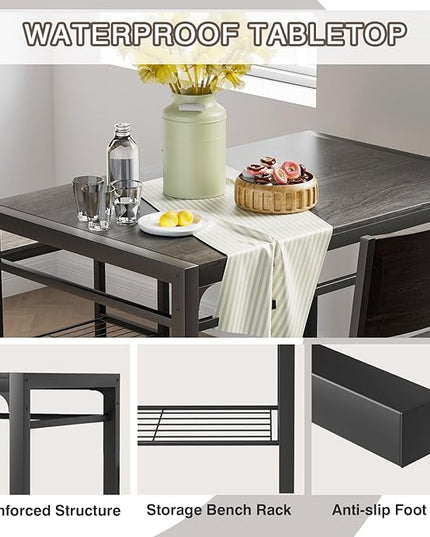 Kitchen Table and 2 Chairs for 4 with Bench, 4 Piece Dining Sets for Small Space, Grey - LeafyLoom