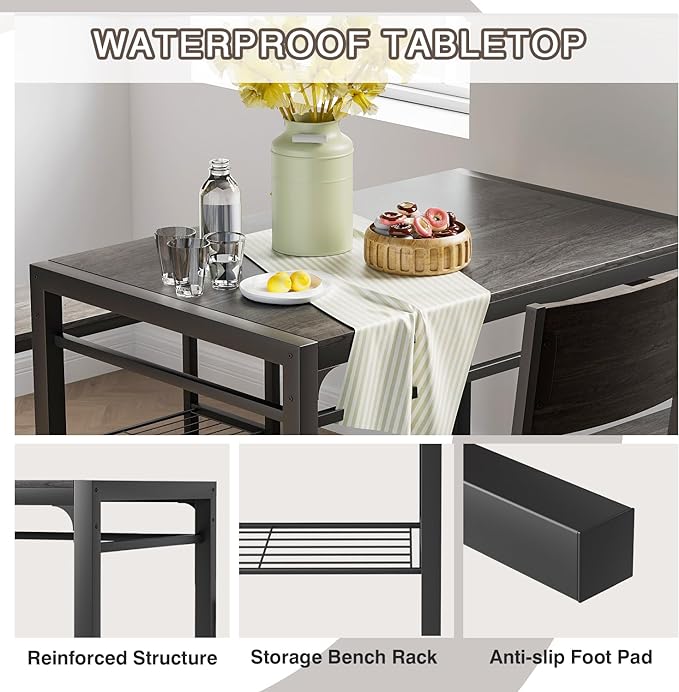 Kitchen Table and 2 Chairs for 4 with Bench, 4 Piece Dining Sets for Small Space, Grey - LeafyLoom