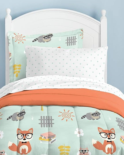 dream FACTORY Kids 5-Piece Complete Set Easy-Wash Super Soft Microfiber Comforter Bedding, Twin, Green Woodland Friends - LeafyLoom