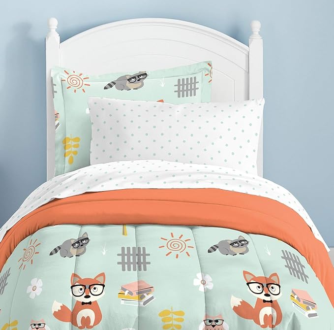 dream FACTORY Kids 5-Piece Complete Set Easy-Wash Super Soft Microfiber Comforter Bedding, Twin, Green Woodland Friends - LeafyLoom
