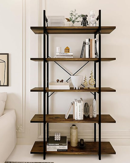 5 Tiers Bookshelf Organizer Industrial shelf,Modern Open Display Storage Bookcase,Rustic Brown and Metal Bookshelf Standing Storage Shelf Tall Shelving Units for Home Office Study. - LeafyLoom