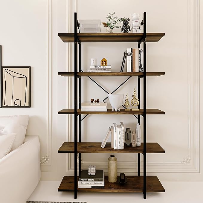 5 Tiers Bookshelf Organizer Industrial shelf,Modern Open Display Storage Bookcase,Rustic Brown and Metal Bookshelf Standing Storage Shelf Tall Shelving Units for Home Office Study. - LeafyLoom