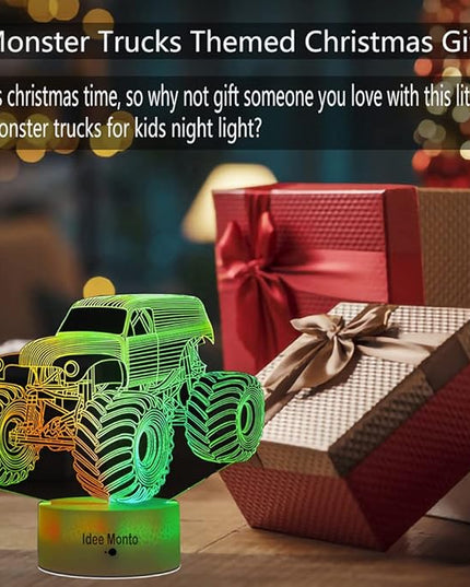 3D LED Lamp for Kids Room Night Lights for Kids Monster Trucks for Boys, with Smart Touch 7 Colors Changing Dimmable Monster Truck Light, for 1 2 3 4 5 6 7 8 Year Old Boy/Girl Birthday Xmas Gifts - LeafyLoom