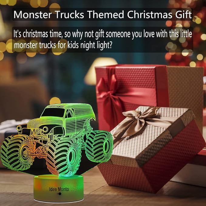 3D LED Lamp for Kids Room Night Lights for Kids Monster Trucks for Boys, with Smart Touch 7 Colors Changing Dimmable Monster Truck Light, for 1 2 3 4 5 6 7 8 Year Old Boy/Girl Birthday Xmas Gifts - LeafyLoom