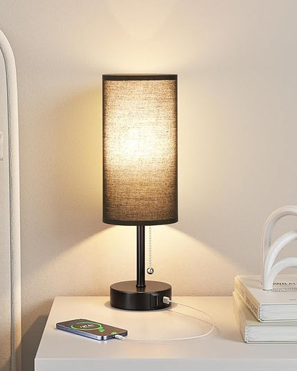 Black Bedside Lamp for Bedroom Nightstand - Small Table Lamp with USB A + C Charging Port, 3 Color Temperatures Pull Chain Night Stand Light with Bulb， Side Table Desk Reading Lamp for Living Room - LeafyLoom