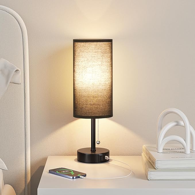 Black Bedside Lamp for Bedroom Nightstand - Small Table Lamp with USB A + C Charging Port, 3 Color Temperatures Pull Chain Night Stand Light with Bulb， Side Table Desk Reading Lamp for Living Room - LeafyLoom