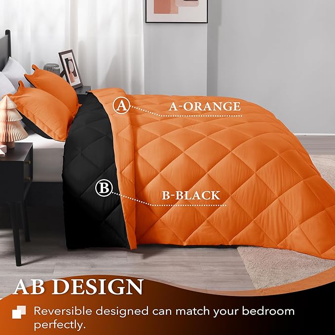 downluxe King Size Comforter Set - Orange and Black King Comforter, Soft Bedding Sets for All Seasons -3 Pieces - 1 Comforter (104"x92") and 2 Pillow Shams(20"x36") - LeafyLoom