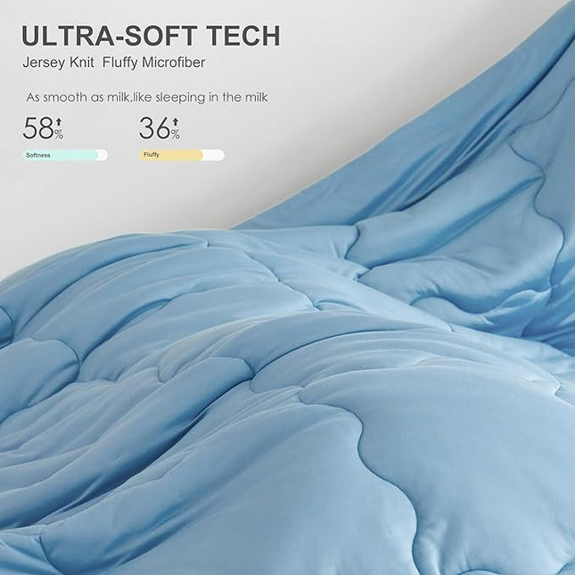 COTTEBED Reversible Light Blue and Grey Bed Comforter Twin Set, Jersey Knit T-Shirt Feel Ultra-Soft Lightweight Bedding Blanket Quilt & Pillowcase for Kid Boy Girl College Dorm All Season(Twin/TwinXL) - LeafyLoom