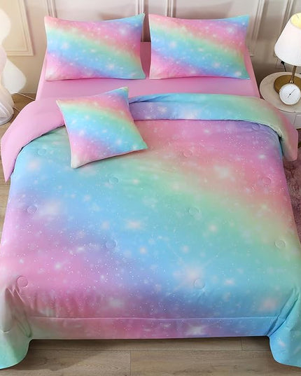 JQinHome Glitter Bedding Set Full Size,6 Piece Bed in A Bag 3D Colorful Rainbow Galaxy Comforter Set for Girls Kids-All Season Microfiber Tie-Dye Bedding Sets(Rainbow) - LeafyLoom