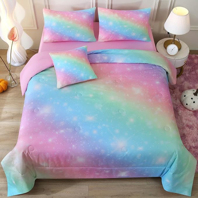 JQinHome Glitter Bedding Set Full Size,6 Piece Bed in A Bag 3D Colorful Rainbow Galaxy Comforter Set for Girls Kids-All Season Microfiber Tie-Dye Bedding Sets(Rainbow) - LeafyLoom