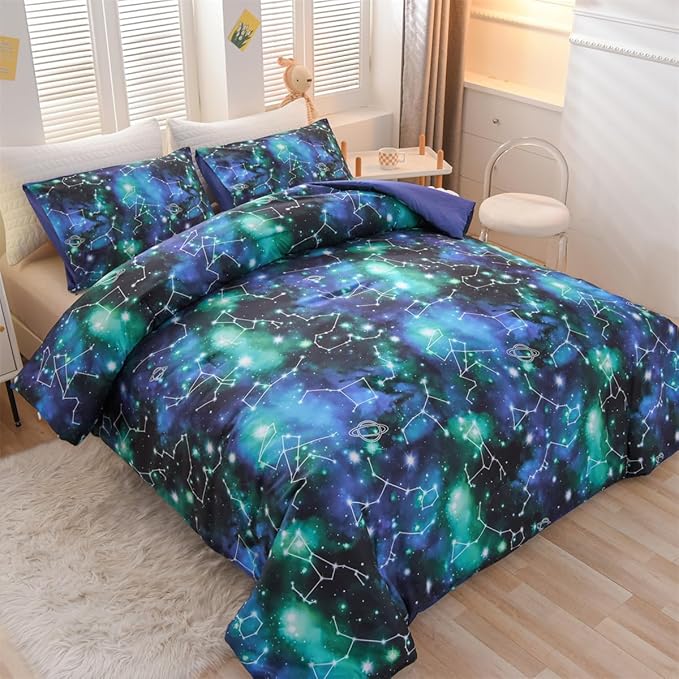 Holawakaka Tie Dye Constellation Print Ombre Comforter Set Twin Size Girls Boys Gradient Galaxy Bedding Set (Black Green,Twin) - LeafyLoom
