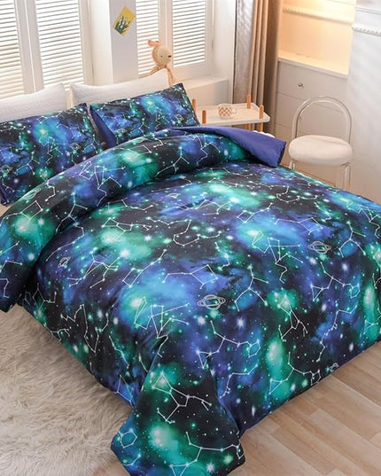 Holawakaka Tie Dye Constellation Print Ombre Comforter Set Full Size Girls Boys Gradient Galaxy Bedding Set (Black Green,Full) - LeafyLoom