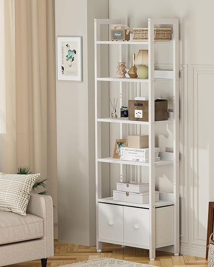 Furologee White 6 Tier Bookshelf with Drawers, Tall 71" Bookcase with Shelves, Modern Wood and Metal Book Shelf Storage Organizer, Display Free Standing Shelf Unit for Bedroom, Living Room, Office - LeafyLoom