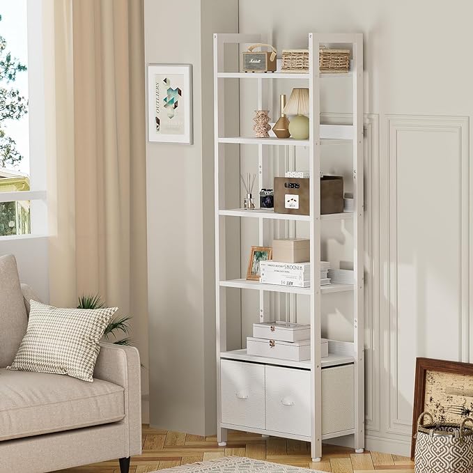 Furologee White 6 Tier Bookshelf with Drawers, Tall 71" Bookcase with Shelves, Modern Wood and Metal Book Shelf Storage Organizer, Display Free Standing Shelf Unit for Bedroom, Living Room, Office - LeafyLoom