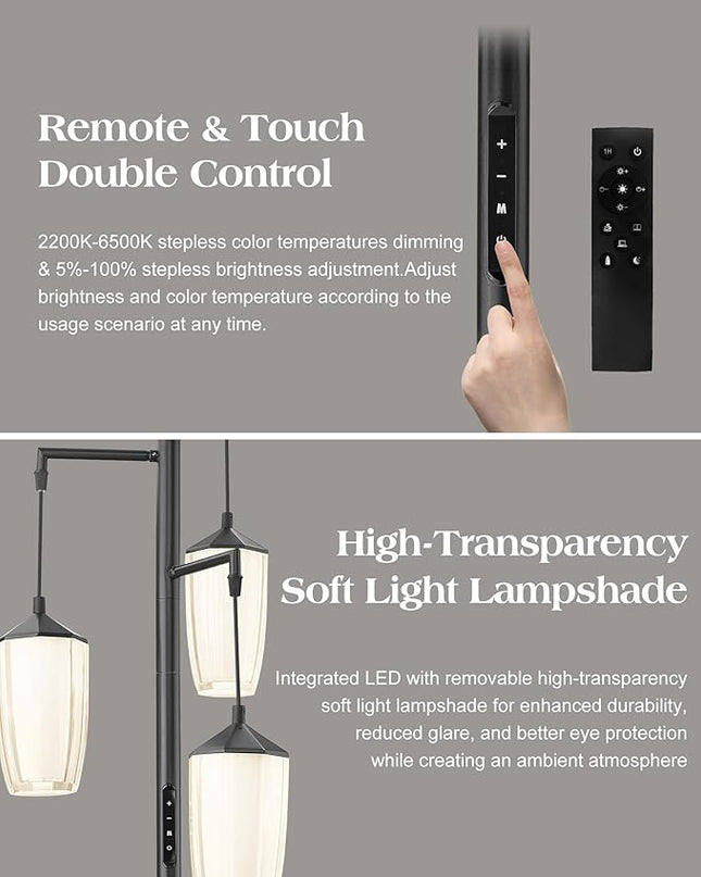 ELYONA Modern Dimmable Floor Lamp, 3-Light Standing Lamp with Remote & Touch Control, Stepless Adjustable 2200K-6500K Colors & Brightness 24W LED Reading Light for Bedroom Living Room Office, Black - LeafyLoom