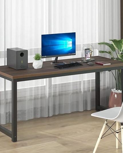 NSdirect Large Office Desk for Home Office, Large 63” Computer Desk Table, Wide Writing Study Desk for 2 Person, Metal Sturdy Frame Thicker Steel Legs, Black Chocolate - LeafyLoom