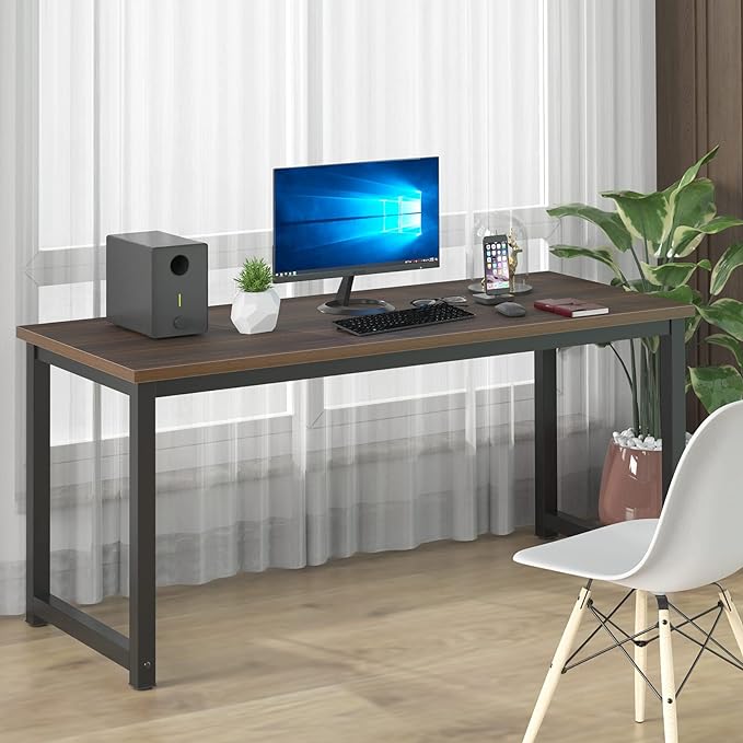 NSdirect Large Office Desk for Home Office, Large 63” Computer Desk Table, Wide Writing Study Desk for 2 Person, Metal Sturdy Frame Thicker Steel Legs, Black Chocolate - LeafyLoom