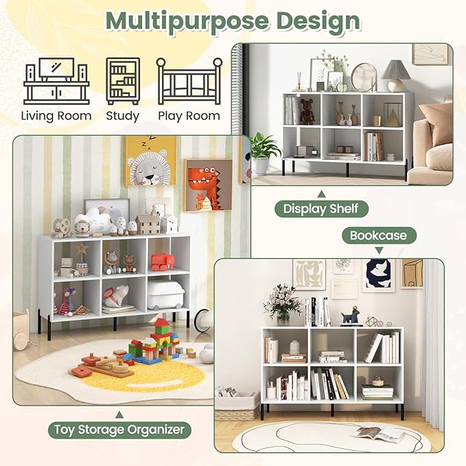 LOKO 6 Cube Bookcase, 3-Tier Floor Open Bookshelf with 5 Metal Legs, Cube Storage Organizer with Adjustable Shelves, Modern Display Shelving for Living Room, Study, Bedroom, Office (white) - LeafyLoom