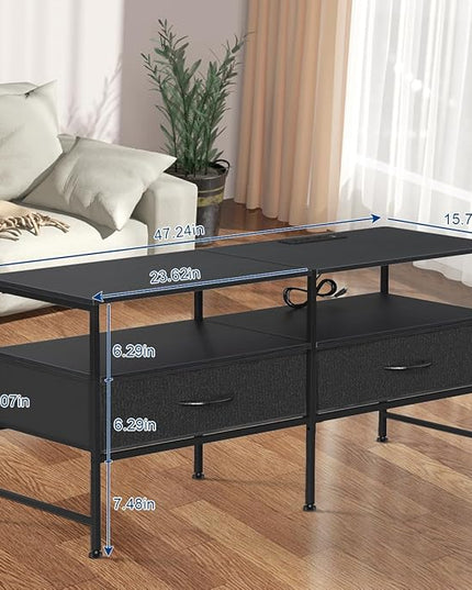 HEOMU Industrial TV Stand for 50 Inch Television Cabinet 3-Tier Console Table with Fabric Drawer, Entertainment Center Media Console Metal Frame for Living Room, Bedroom, Black - LeafyLoom