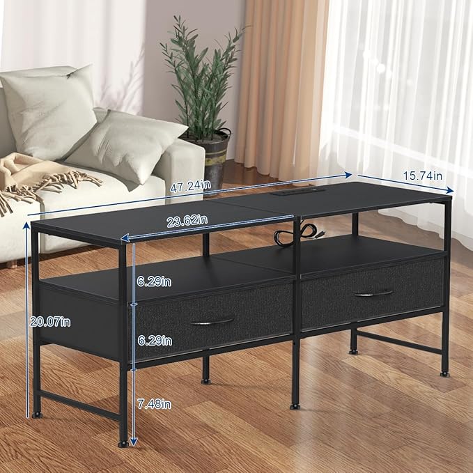 HEOMU Industrial TV Stand for 50 Inch Television Cabinet 3-Tier Console Table with Fabric Drawer, Entertainment Center Media Console Metal Frame for Living Room, Bedroom, Black - LeafyLoom