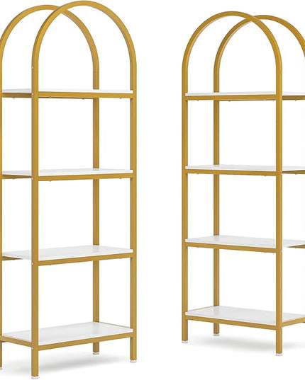 Tribesigns 4-Tier Open Bookshelf Set of 2, 70.8" Modern Wood Bookcase Storage Shelves with Metal Frame, Freestanding Display Rack Tall Shelving Unit for Bedroom, Living Room (White and Gold, 2PCS) - LeafyLoom